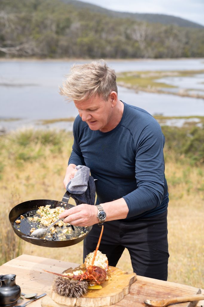 Dunalley, Tasmania - Gordon Ramsay prepares crayfish poached in sea urchin butter, finished with Tasmania’s own pepperberry and leatherwood honey. (Credit: National Geographic/Justin Mandel)
